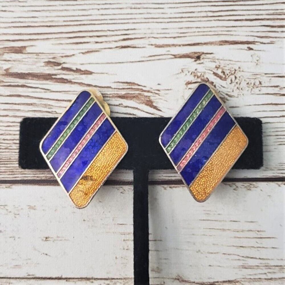 Vintage Clip On Earrings Diamond Shape Multi Color Large